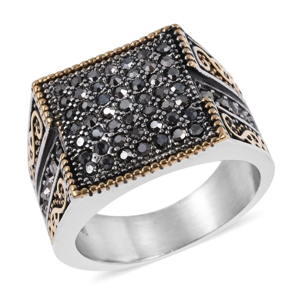 Grey Austrian Crystal Square Ring Black Oxidized 316L Stainless Steel Men’s 2CT
